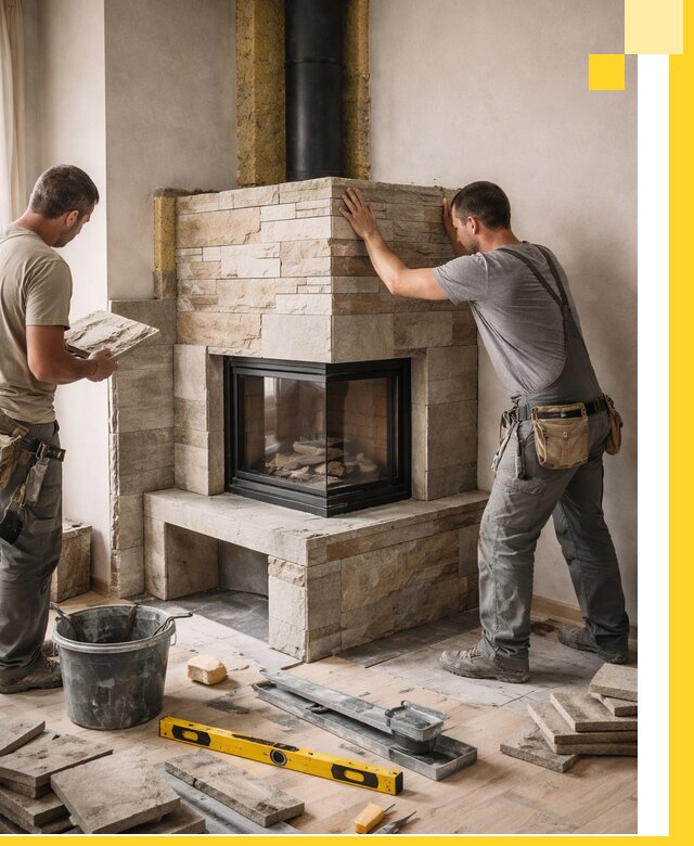 Угловые камины под ключ проект, монтаж и отделка в Новокуйбышевске